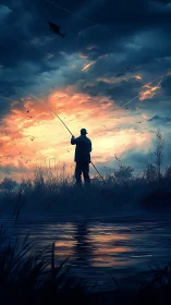 Sunset sky glows as a lone angler quietly greets the river
