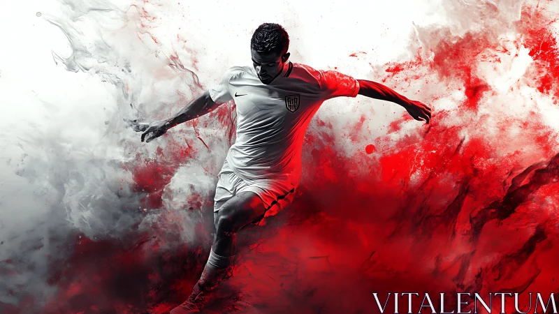 Soccer player in white kit striking ball through red smoke.