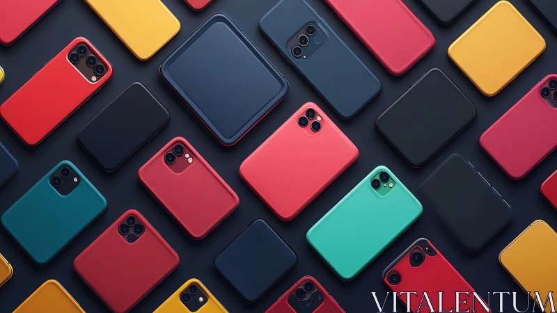 Color-blocked smartphones and cases form a bold tech mosaic.
