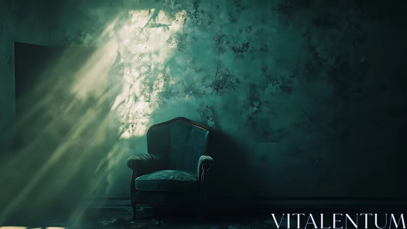 Velvet armchair in moody teal room with cinematic light rays.