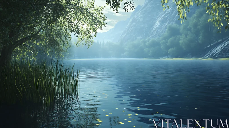 Mountain lake reflects misty pines under soft morning light.