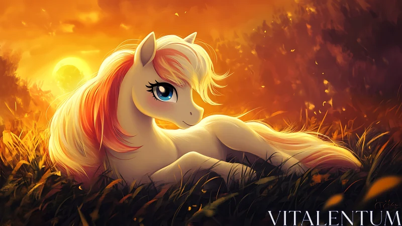 Golden dusk pony resting in a field of gentle light.