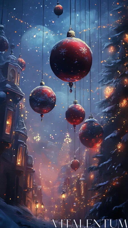 Suspended red ornaments over snowy nocturnal streetscape.