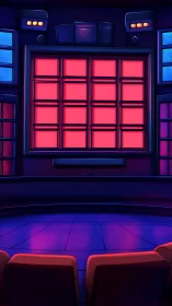 Television studio game board set with illuminated grid wall.