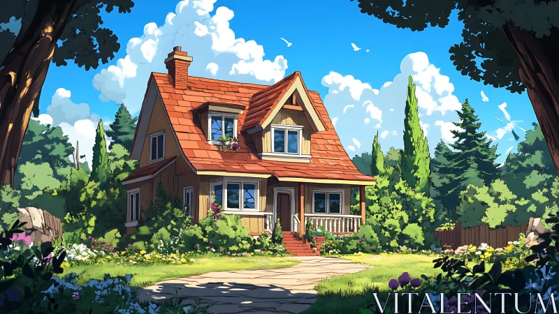 Sunny cottage stands among lush garden and tall trees