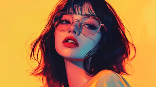 Bold digital portrait of woman in glasses on yellow.