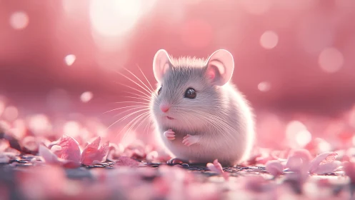 Gentle little mouse pauses in a dreamy pink petal haven