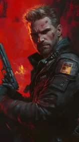 Battle-worn soldier grips pistol before intense red blaze.