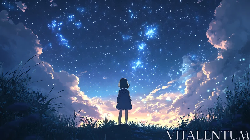 Silhouette of a child studies dense starfield between clouds