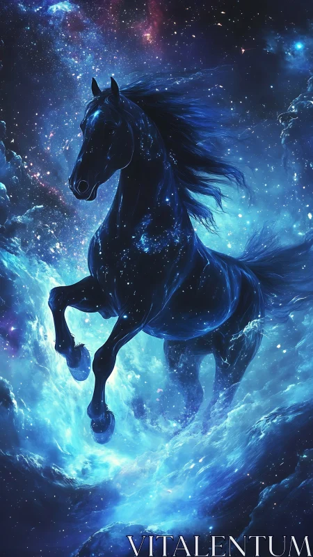 Celestial stallion gallops through nebular plasma with luminous stardust