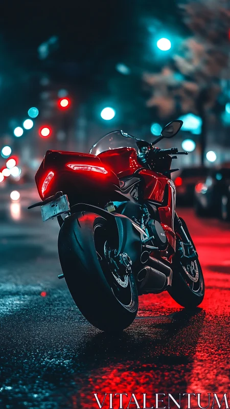 Neon-lit sport motorcycle stands over glossy city street night.
