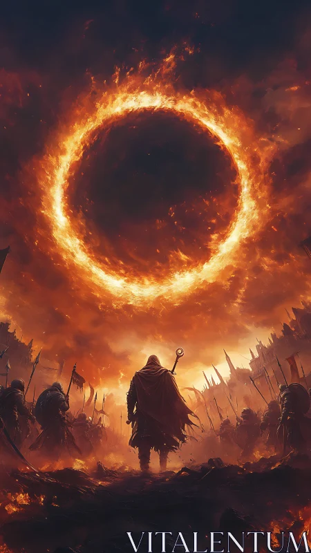 Ring-shaped fire vortex dominates battlefield sky over robed mage