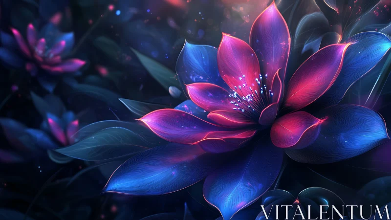 Bioluminescent Lotus with Neon Pink-Blue Gradient Light Emission