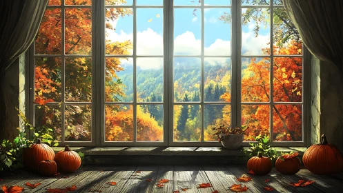 Interior window view of autumn forest and pumpkins arrangement.