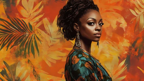 Warm tropical portrait with bold leaves and quiet confidence.