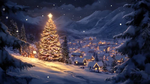 Snowy alpine village glows around illuminated Christmas tree