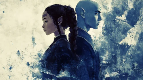 Dual elf portraits in cool monochrome watercolor profile study