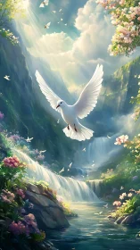 White dove above cascading waterfalls in luminous floral gorge