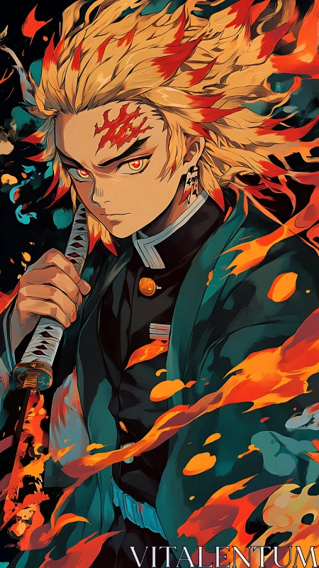 Flame-wreathed anime swordsman stands ready in fiery aura.