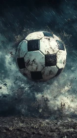 Muddy soccer ball soaring through stormy, heart pounding play.