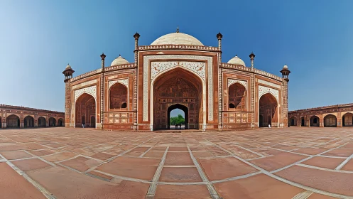 Domes drift skyward while red sandstone geometry holds still