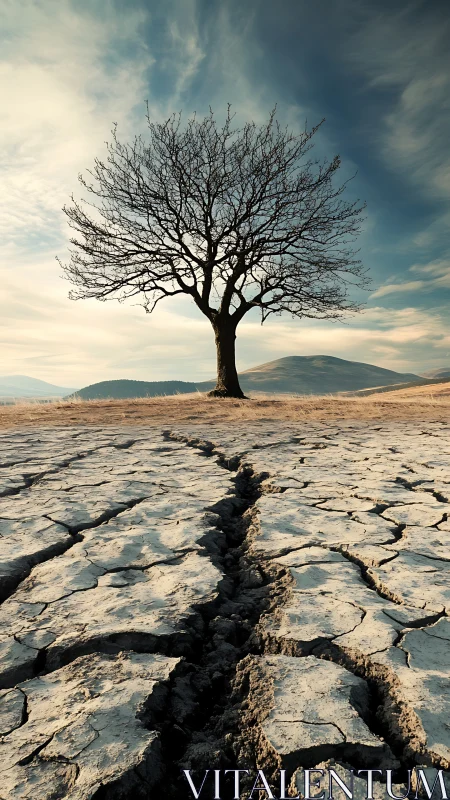 Solitary winter tree guarding a cracked desert earthscape.