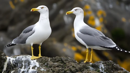 Two Seagulls on Rocky Shore in Natural Wildlife Photography.