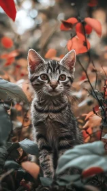 Tabby Kitten Among Red Autumn Leaves.