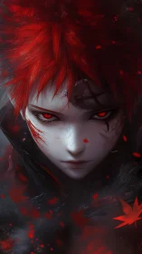 Red-eyed warrior portrait with dynamic foliage and scar patterns