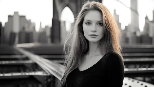 Soft-lit portrait on urban bridge with cinematic depth of field.