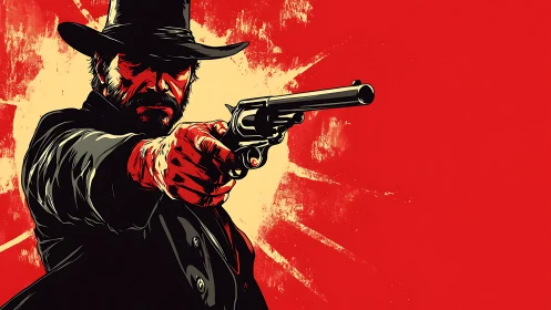 Cowboy figure aims revolver against flat red backdrop