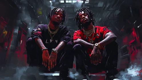 Digital painting of urban duo in gritty cinematic alleyway.