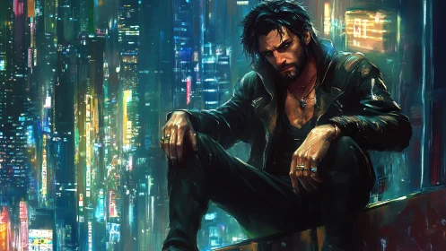 Man in leather jacket on ledge in dense neon cityscape.