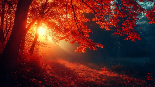 Sunburst trail beneath a blazing crimson autumn canopy.