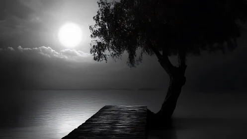 Moonlit lakeside pier and solitary tree evoke quiet reflection.