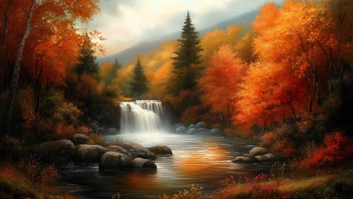 Autumn forest waterfall with reflective river and vivid foliage.