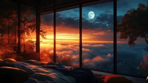 Dreamlike bedroom above clouds at fiery moonrise horizon.