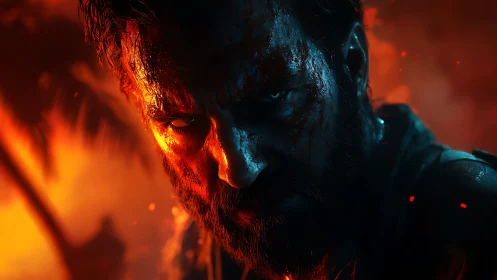 Firelit warrior narrows his gaze as embers script revenge