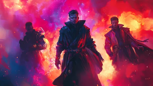 Trio of neon-cloaked warriors stride through blazing chroma storm.