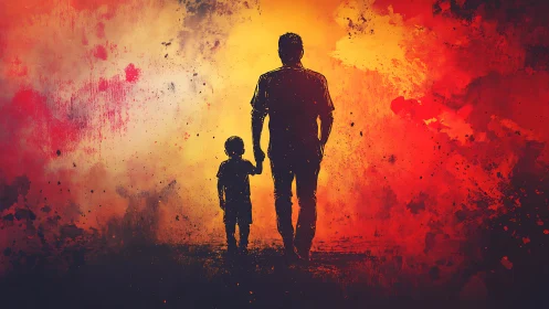 Father and child silhouettes glow in fiery abstract light.