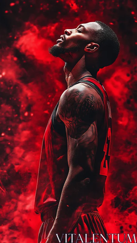 Side profile of basketball player in red abstract backdrop.