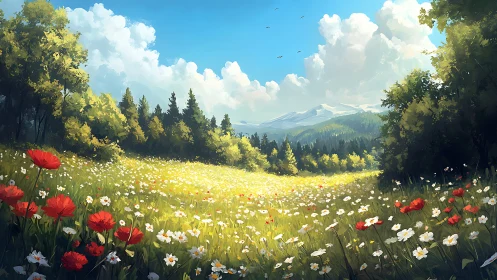 Digital painting landscape of wildflower meadow and distant peaks.