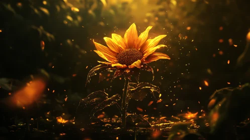 Single sunflower under warm backlight in dark foliage field.