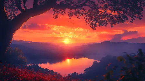 Sunset paints the valley lake in molten tangerine light