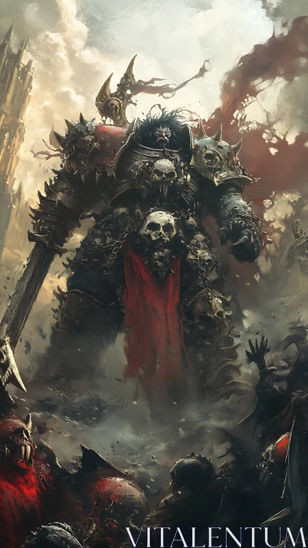Skull-throned warlord strides through storm of fallen foes.