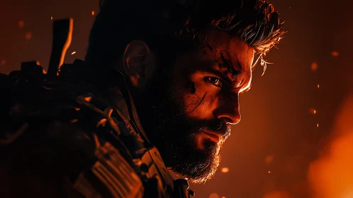 Profile view shows armed bearded soldier lit by orange fire glow