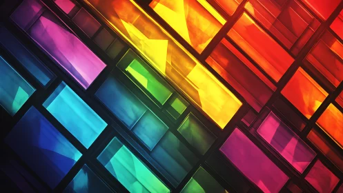 Geometric rainbow panels in diagonal abstract layout.