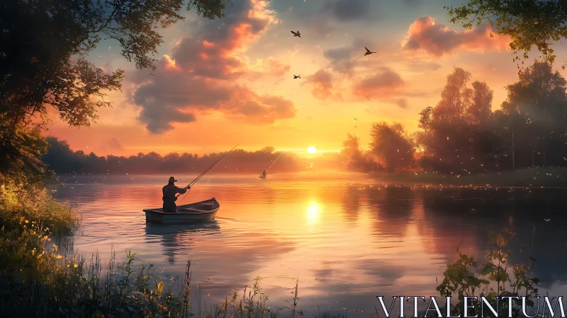 Fisherman in small boat on calm river at vivid sunset