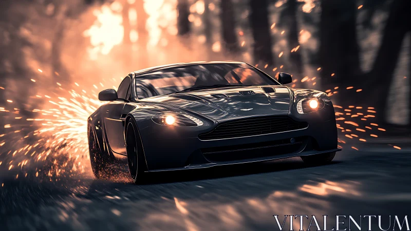 Midnight performance coupe drifting through glowing sparks.