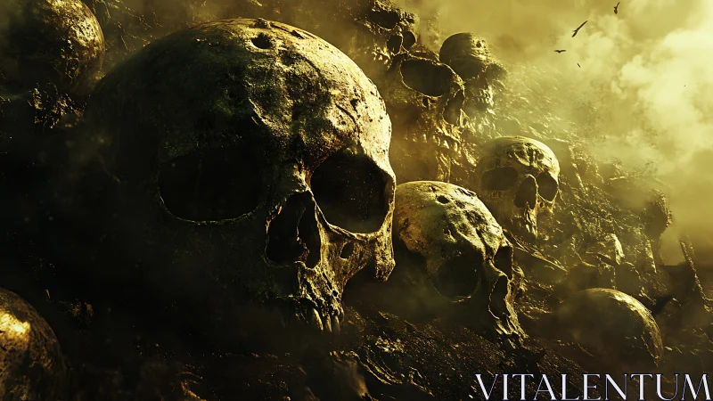 Skulls lie densely packed on a fog-covered eroded slope